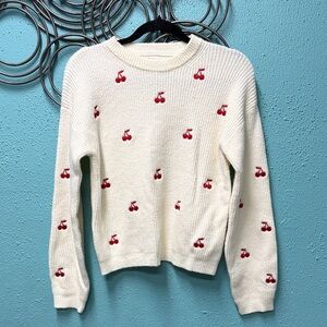 a new day Cream Sweater with Red Cherry Embroidery